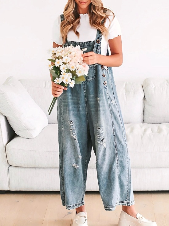 Denim - NWT High Hopes Washed Blue Distressed Slouchy Denim Overalls L Cotton Stretch
